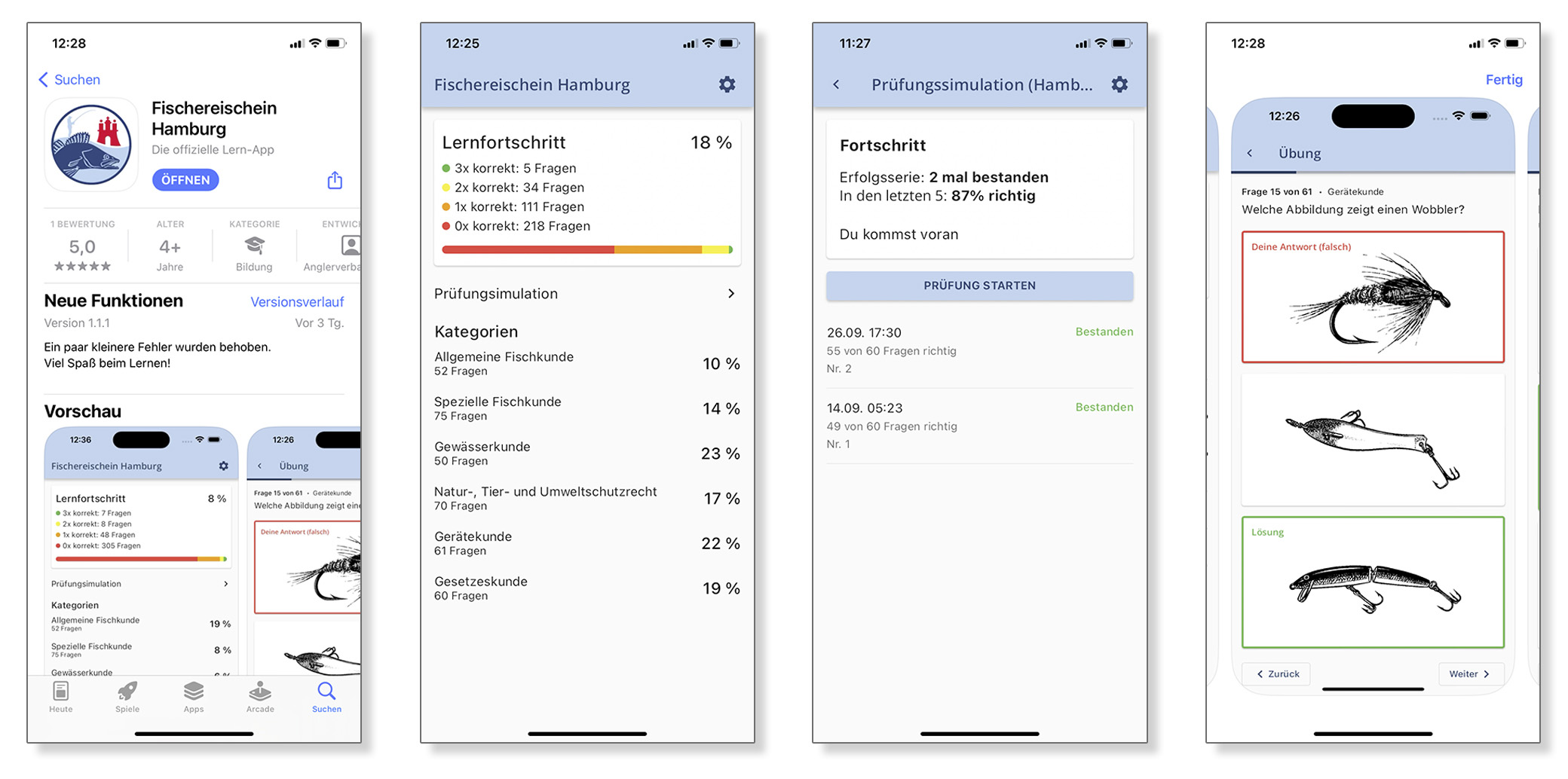 Lern-App "Fischereischein Hamburg": Screenshots
